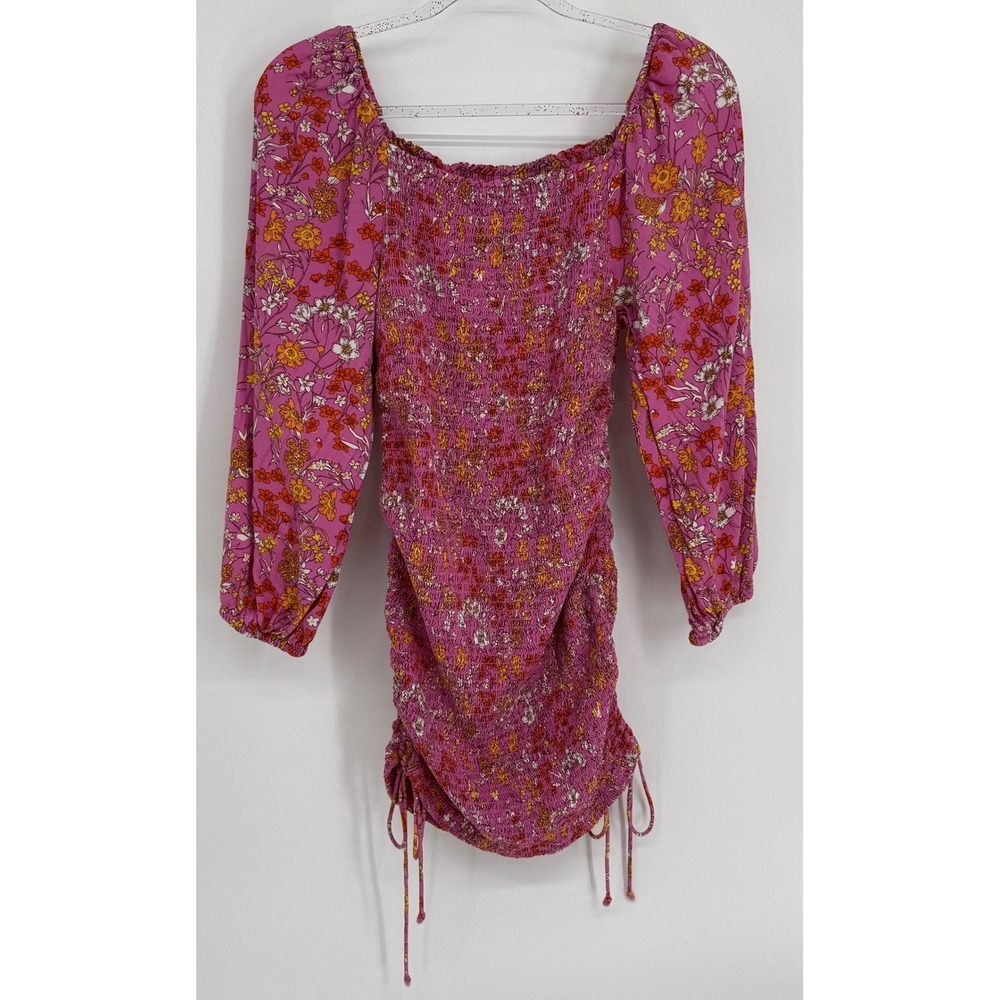 Jessica‎ Simpson Pink Floral Smocked Ruched Mini Dress Womens Long Sleeve Sz M